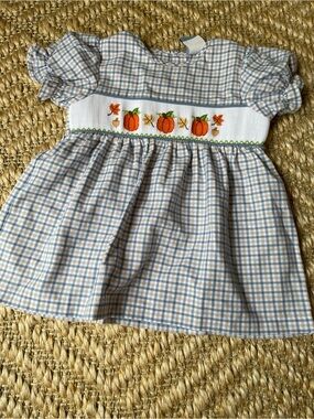 Three Sisters blue khaki plaid smocked pumpkin top 4T